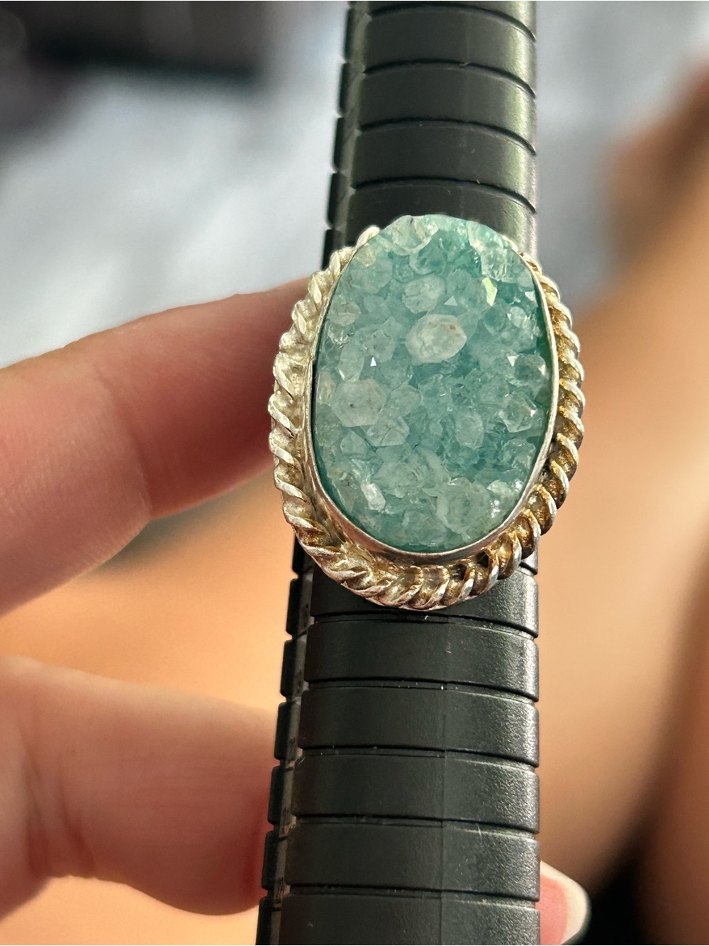 Silver Ring with Aqua Blue Druzy Stone - Women Jewelry